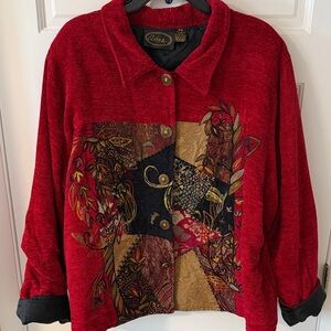 Vintage Alex Kim boho Chenille patchwork embroidered button jacket artsy  3X